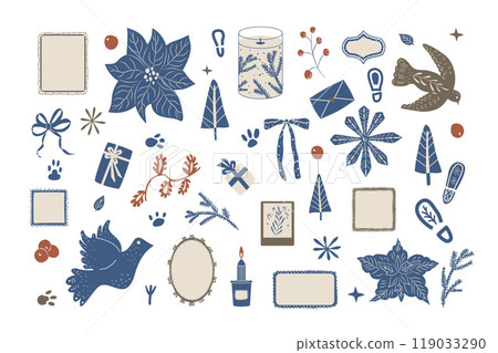 Set of Christmas-themed elements. Winter holidays kit. Vector hand drawn collection illustration isolated on white background. 119033290