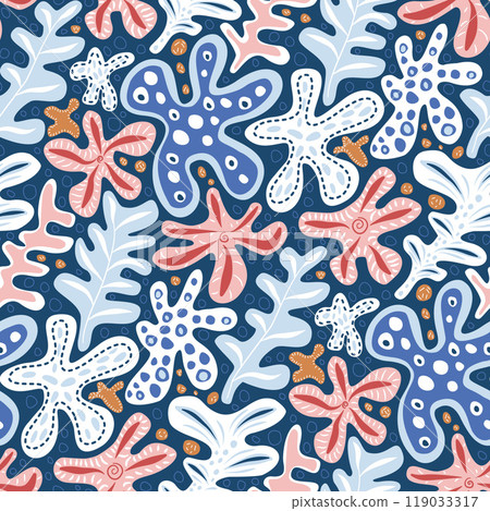 Abstract organic seamless pattern. Boho style endless background. Folk repeat cover. Blue and red continuous ornament. Surface pattern design simple motif. Vector hand drawn flat illustration. 119033317