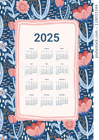 2025 Calendar. Vertical banner template with frame and abstract flowers print. Vector flat illustration 119033344