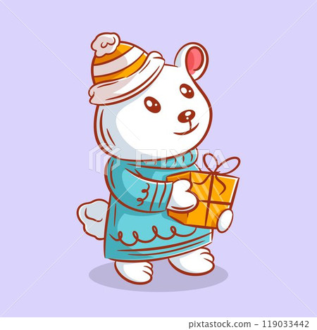 Cute polar bear wants to give gifts and wears warm clothes 119033442
