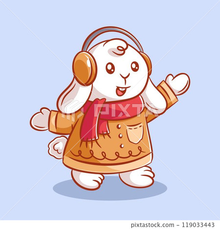 Cute rabbit wearing ear and neck warmers 119033443
