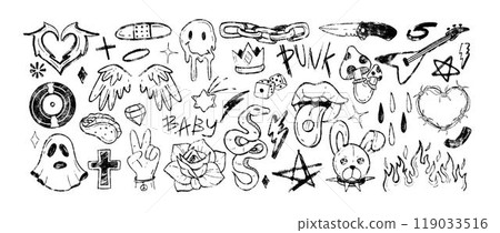 Hand drawn doodle crayon rock n roll music icons or chalk pencil y2k tattoo stickers 119033516
