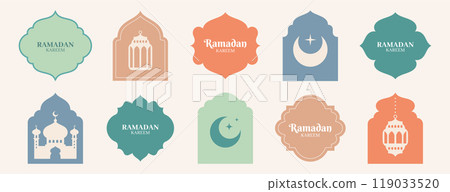 Islamic windows shape, ramadan kareem font and mosque doors in old indian oriental style Islamic windows shape, ramadan kareem font and mosque doors in old indian oriental style 119033520