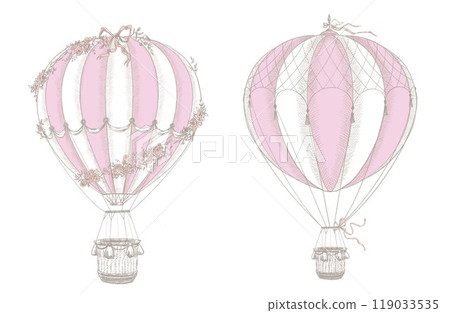 Beautiful image with hand drawn air balloon. Stock illustration. Ready clipart design. 119033535