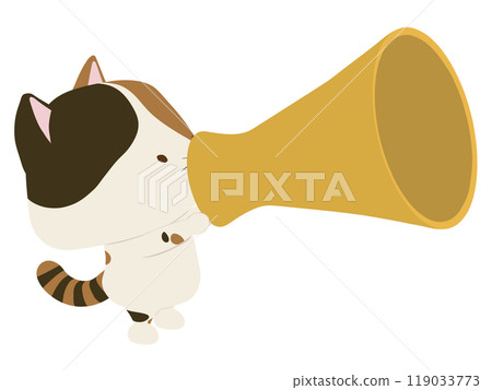 Calico cat speaking through a megaphone Calico cat speaking through a megaphone 119033773