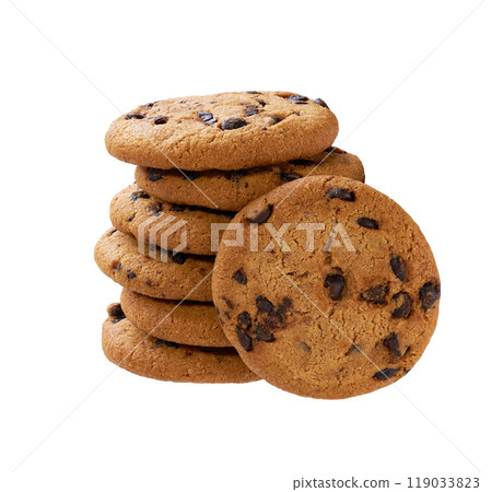 Stack of round chocolate chip cookies isolated on white background. 119033823