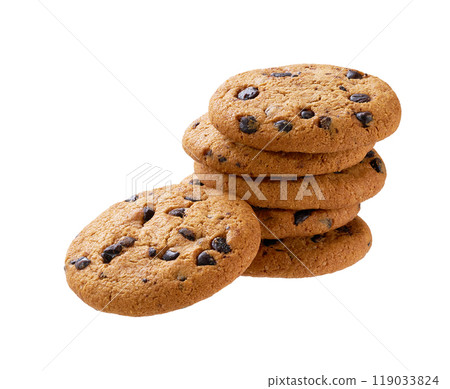 Stack of round chocolate chip cookies isolated on white background. 119033824