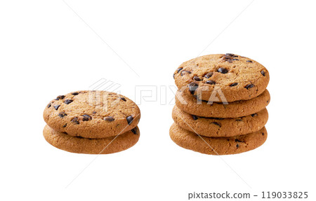 Stack of round chocolate chip cookies isolated on white background. Stack of round chocolate chip cookies isolated on white background. 119033825