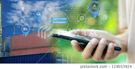 Supply Chain Management concept transportation and logistic suppliers, import export and transport industry. network distribution growth. container cargo ship and trucks of industrial cargo freight 119033924