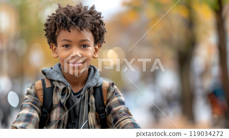 Portrait of African American schoolboy with backpack outdoors in autumn. Back to school concept. Portrait of African American schoolboy with backpack outdoors in autumn. Back to school concept. 119034272