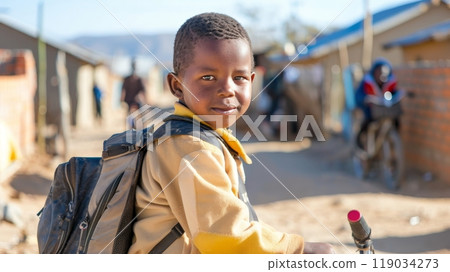 Smiling African Boy With Backpack Ready For School in African Village Background. Back to School Smiling African Boy With Backpack Ready For School in African Village Background. Back to School 119034273