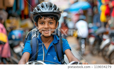 Portrait of young boy wearing helmet and backpack smiling on city street. School safety. 119034279
