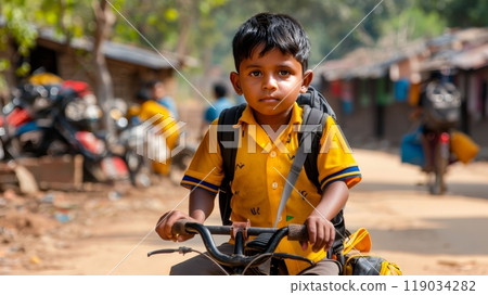 Young Indian Boy with backpack Riding on Bicycle on dusty road to School, Reflecting Education 119034282