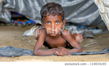 A Young indian Refugee Child Sheltering In A Makeshift Tarp Tent. Poverty, Hunger, And Displacement A Young indian Refugee Child Sheltering In A Makeshift Tarp Tent. Poverty, Hunger, And Displacement 119034285