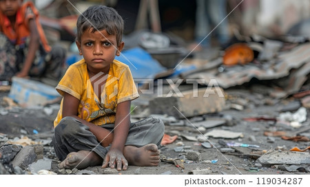 Young Boy Sits Poverty, Conveying Sense Of Destitution And Hope In His Eyes. Poor rural India. 119034287