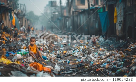 Child in Poverty, Surrounded by Pollution Depicts Social Inequality and Environmental Impact. 119034288