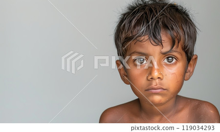 Portrait of a Sad Young Indian Boy Against a Light Grey Background, Poverty and Innocence Concept Portrait of a Sad Young Indian Boy Against a Light Grey Background, Poverty and Innocence Concept 119034293