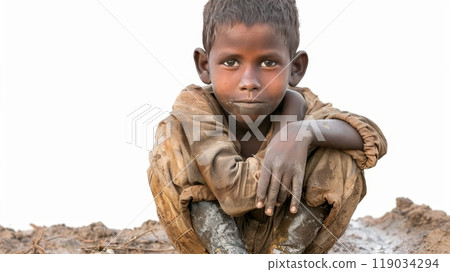 Portrait of a Young black Child with Dirty Clothes Huddled on the Ground on White Background Portrait of a Young black Child with Dirty Clothes Huddled on the Ground on White Background 119034294