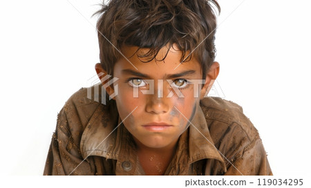 Portrait of a Young Boy with Dirt on His Face, Looking Serious Against a White Background Portrait of a Young Boy with Dirt on His Face, Looking Serious Against a White Background 119034295