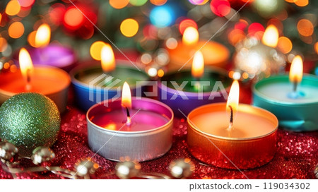 Christmas Candles and Soft Green Ornament on Red Glitter With Sparkling Tree Lights in Background 119034302