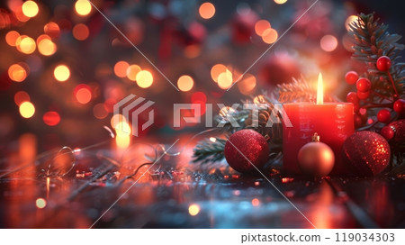 Burning Christmas candle and festive decorations on wooden table with bokeh lights background Burning Christmas candle and festive decorations on wooden table with bokeh lights background 119034303