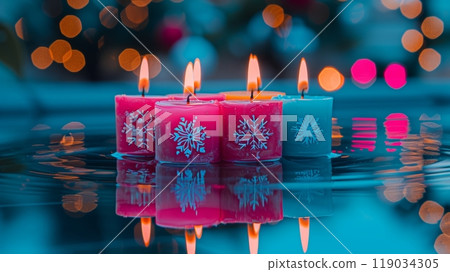 Festive Winter Still Life Colorful Christmas Candles Floating on Water with Bokeh Lights 119034305