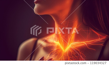 Woman with Glowing Orange Throat Highlighting Pain, Sore Throat Concept, Medical Illustration. 119034327
