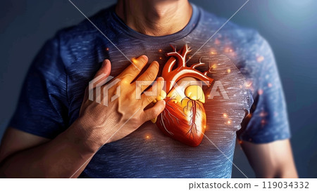 Man clutching his chest, chest pain, heart anatomy infarction, healthcare and medical concepts 119034332