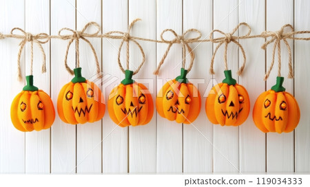 Six Decorative Halloween Pumpkins Hanging on a White Wooden Wall, Festive Holiday Background 119034333