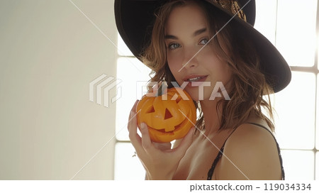 Happy Halloween Smiling Attractive Woman in Stylish Hat Holding a Miniature Carved Pumpkin. 119034334
