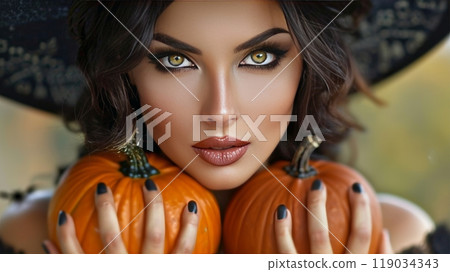 Close-up Portrait, Beautiful Woman, Dark Hair, Witch Hat, Halloween Makeup, Holding Pumpkins 119034343
