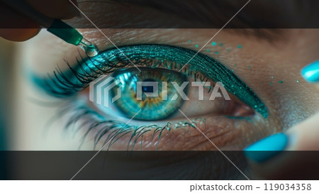 Close-up of Womans Teal Eye Makeup, Long Eyelashes, and Eyeball with Dropper Applying Liquid Close-up of Womans Teal Eye Makeup, Long Eyelashes, and Eyeball with Dropper Applying Liquid 119034358