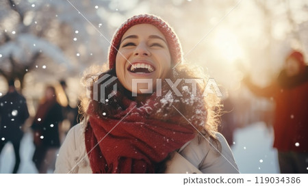 Happy Friends wearing winter clothes celebrating Christmas holiday. People having fun hanging out together walking on city street. Winter holidays and relationship concept 119034386