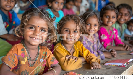 Smiling Indian Children in Colorful Clothing, Sitting Together at dusty rural Indian School. 119034393