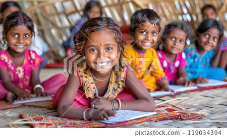 Smiles in Humble Classroom rural Indian Girl Finds Joy in Learning with Her Friends. Back to School Smiles in Humble Classroom rural Indian Girl Finds Joy in Learning with Her Friends. Back to School 119034394