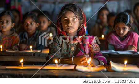 Young Indian Girl with Hope in Her Eyes in Classroom Lit by Candles, Determination in Poverty. 119034395