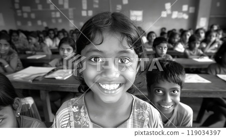 Smiling Indian Girl in Classroom Full of Indian Students Authentic Education India. Back to School 119034397