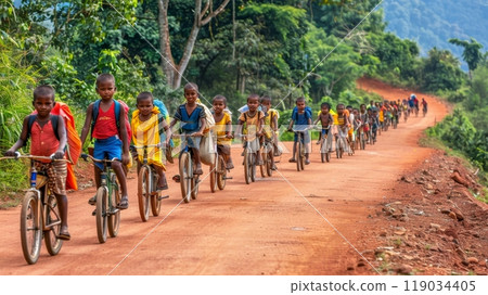 Children Education Transportation African School Kids on Bikes Journey to School on Dirty Road. Children Education Transportation African School Kids on Bikes Journey to School on Dirty Road. 119034405