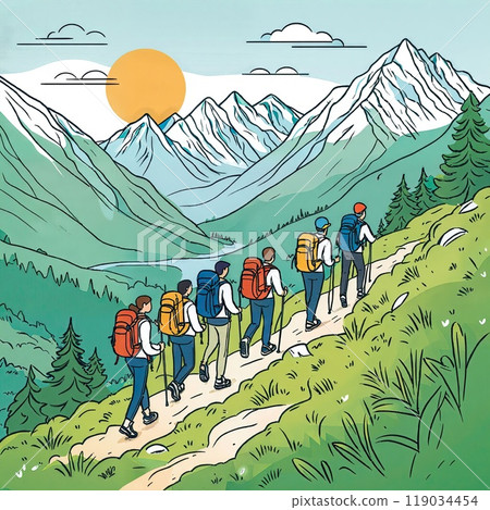 Colorful Anime Style Mountain Hiking Adventure Friends Backpacking Travel Scenic Landscape Outdoor Journey Illustration. vibrant cartoon style, Vibrant anime style illustration depicting a group of Colorful Anime Style Mountain Hiking Adventure Friends Backpacking Travel Scenic Landscape Outdoor Journey Illustration. vibrant cartoon style, Vibrant anime style illustration depicting a group of 119034454
