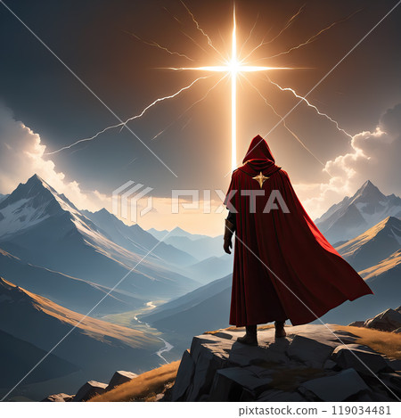 Jesus Christ Mountain Sunset Glowing Cross Sky Divine Sign Faith Dramatic Lighting Nature Background Cartoon Style Illustration Jesus Christ Mountain Sunset Glowing Cross Sky Divine Sign Faith Dramatic Lighting Nature Background Cartoon Style Illustration 119034481