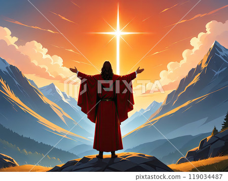 Jesus Christ Mountain Sunset Glowing Cross Sky Divine Sign Faith Dramatic Lighting Nature Background Cartoon Style Illustration 119034487