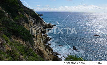 View of the sea coast in Lloret de Mar, Costa Brava, Catalonia, Spain. 119034625