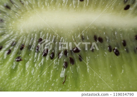 Kiwi close-up. Kiwi Slice Macro Photography Green Fruit with Black Seeds Seeds 119034790