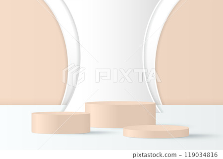 Abstract 3D beige podium background. Modern minimalist mockup for product display presentation. Realistic beige cylinder pedestal podium. 119034816