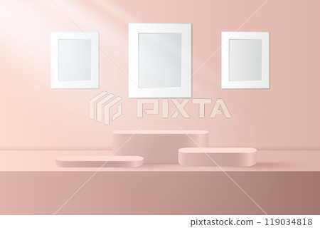 Abstract 3D pink gold podium with white frame background. Modern minimalist mockup for product display presentation. Realistic pink gold cylinder pedestal podium. Abstract 3D pink gold podium with white frame background. Modern minimalist mockup for product display presentation. Realistic pink gold cylinder pedestal podium. 119034818