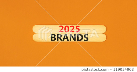 Planning 2025 brands new year symbol. Concept words 2025 Brands on beautiful wooden sticks. Beautiful orange background. Business 2025 brands new year concept. Copy space. Planning 2025 brands new year symbol. Concept words 2025 Brands on beautiful wooden sticks. Beautiful orange background. Business 2025 brands new year concept. Copy space. 119034908