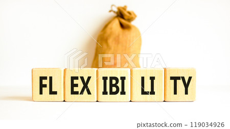 Flexibility symbol. Concept word Flexibility on beautiful wooden blocks. Beautiful white background. Beautiful canvas bag. Business flexibility concept. Copy space. 119034926