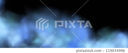 Black background with gray-blue clouds creating the effect of smoke or fog. The atmosphere of spring magic at dawn or summer night ,fog over land or water surface. 119034996