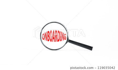 Onboarding success symbol. Concept word Onboarding in beautiful magnifying glass. Beautiful white paper background. Business onboarding success concept. Copy space. 119035042
