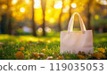 Eco bag mockup on green grass in a park 119035053